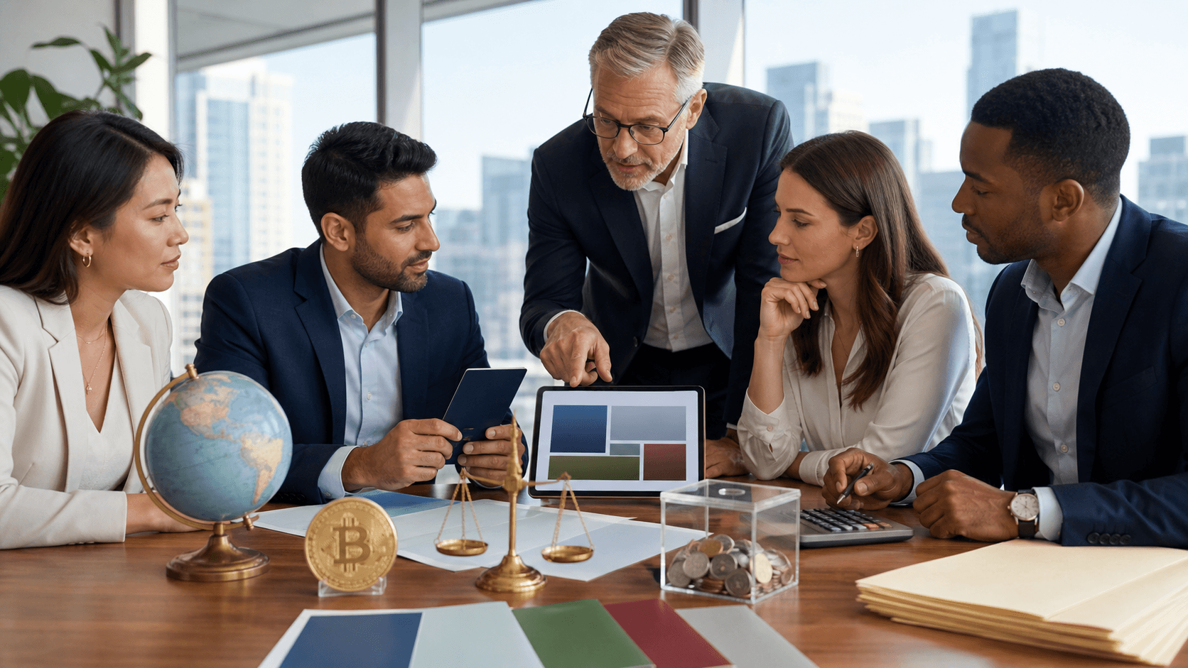Golden Bitcoin coin over a blue world map with bar charts and tax documents on a dark desk, dramatic lighting