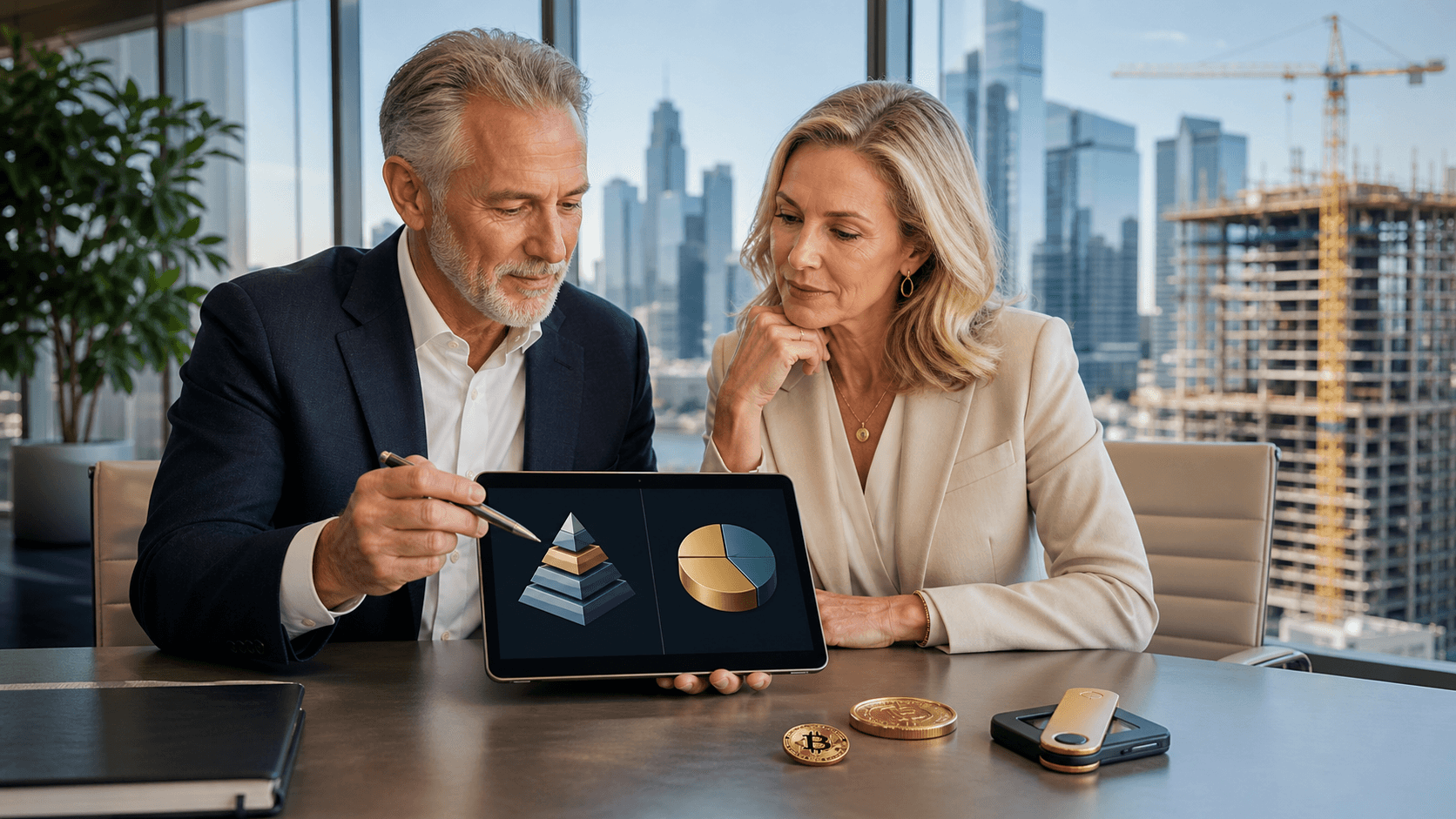Gold bitcoin coins beside a rising chart and calculator on a dark desk, lit with cool blue highlights